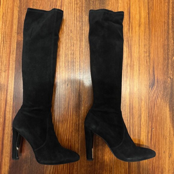 Stuart Weitzman Black Suede Gold Heel Accent Pull-on Boots, 9M - Picture 3 of 13